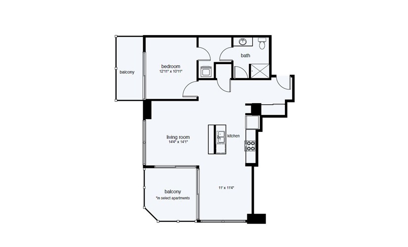 A12 1 Bed 1 Bath Floorplan