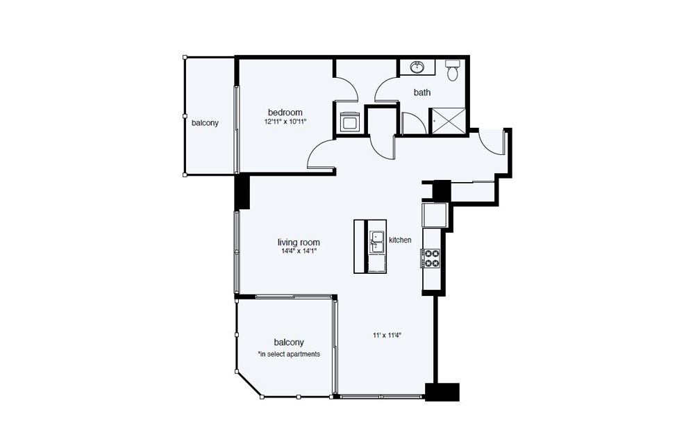 A12 1 Bed 1 Bath Floorplan