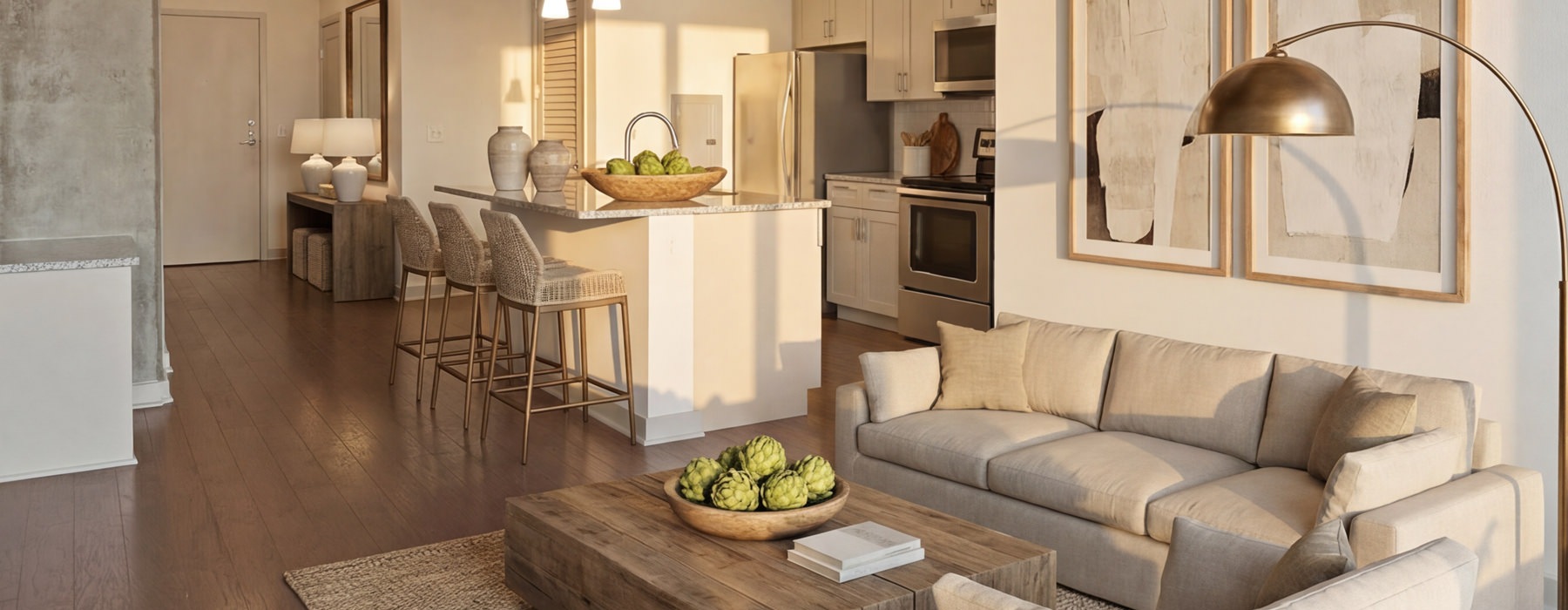 living and kitchen rooms with couch and kitchen island